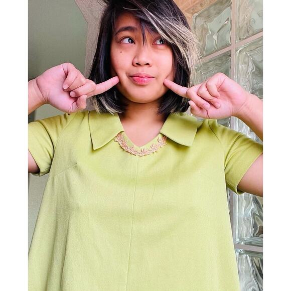 Vtg 60's MOD Go-Go Lime Green Poly Double Knit Dagger Collar Mini Dress Medium - Picture 2 of 16